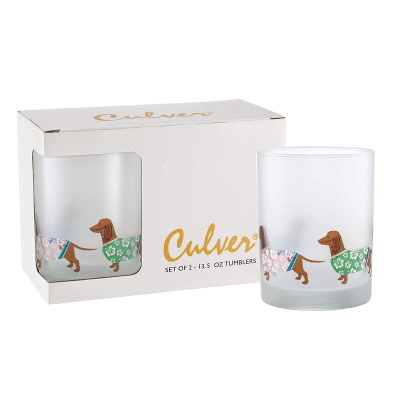 Culver Tropical Decorated Frosted Double Old Fashioned Tumbler Glasses, 13.5-Ounce, Gift Boxed Set of 2 (Luau Dachshunds Dogs) - Image 1
